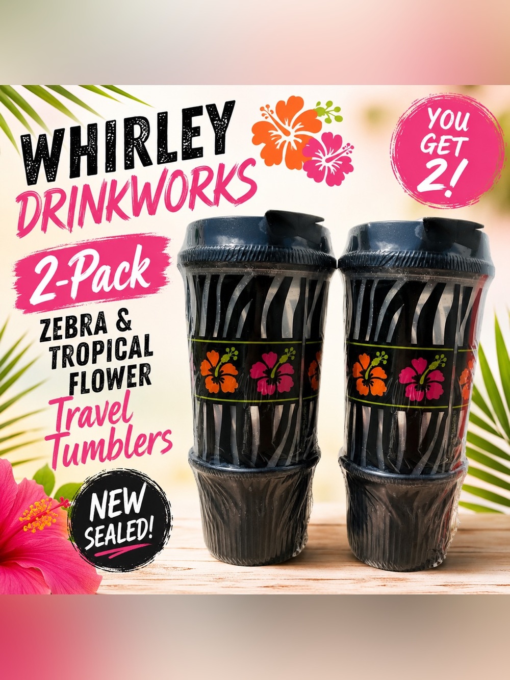 2-Pack Whirley DrinkWorks Zebra & Tropical Flower Travel Tumblers | New Sealed